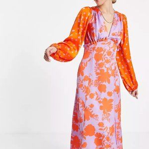 ASOS DESIGN frill open back satin midi dress in mixed red and lilac print